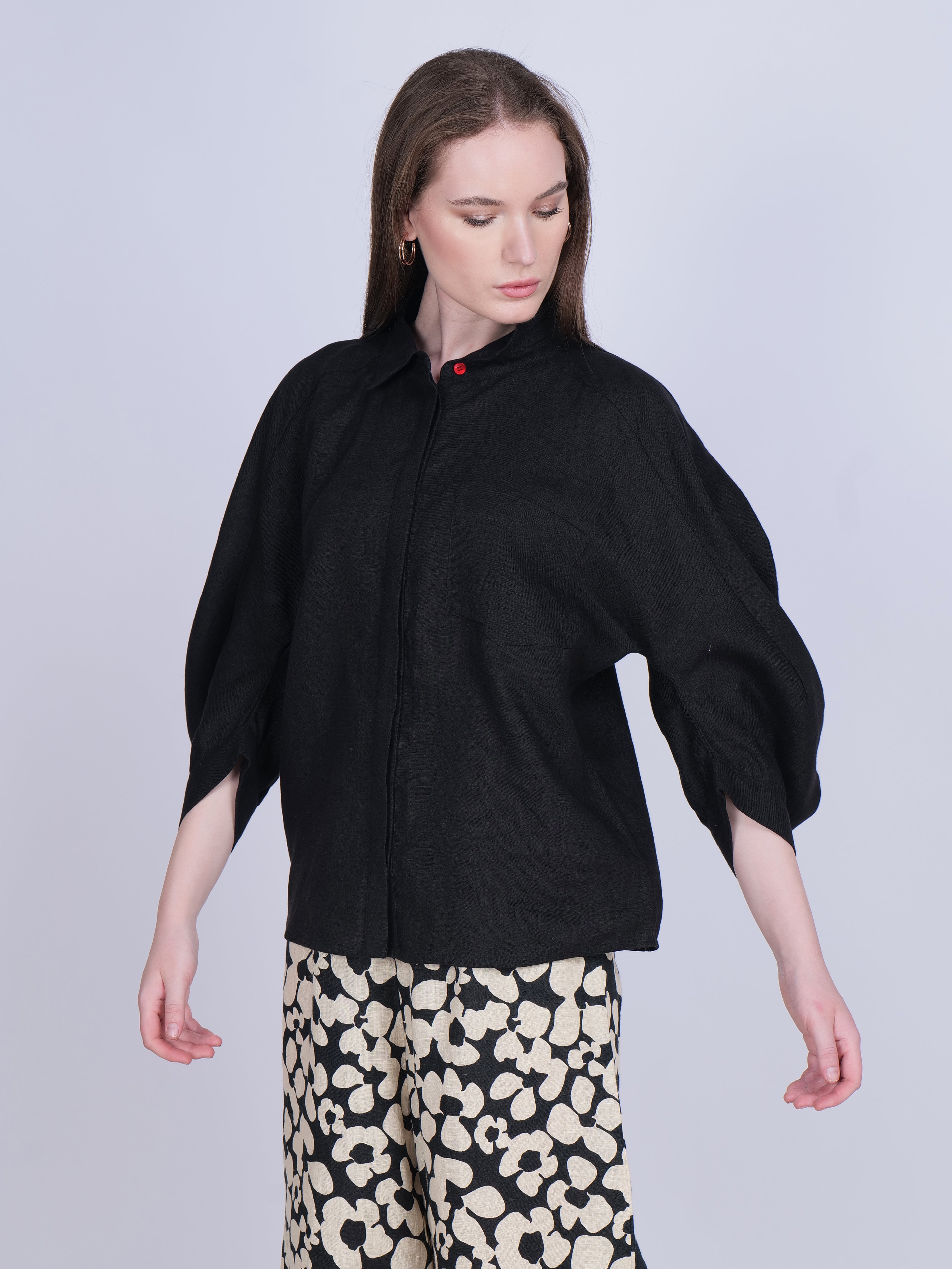Black Balloon Sleeve Linen Shirt