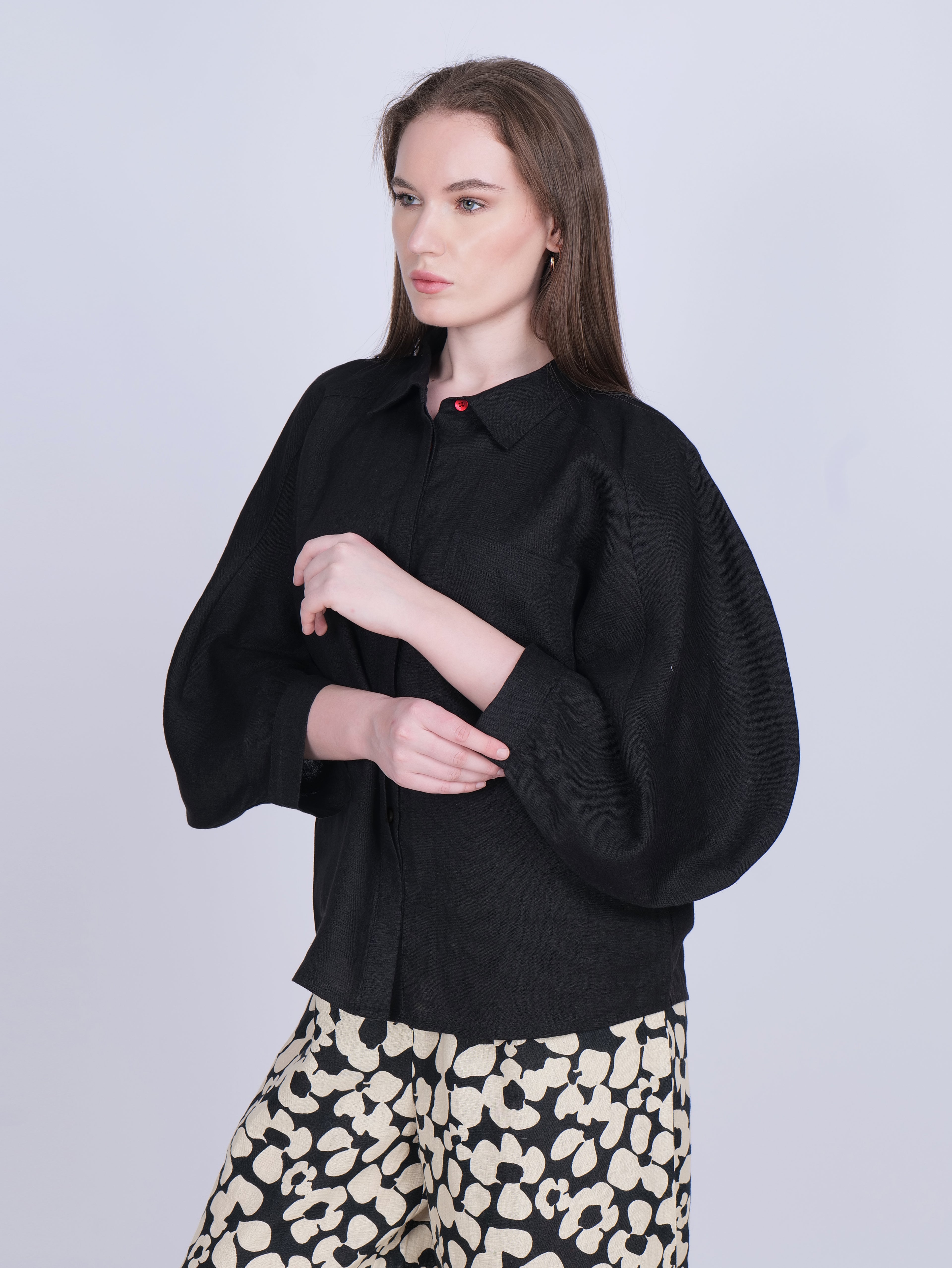 Black Balloon Sleeve Linen Shirt