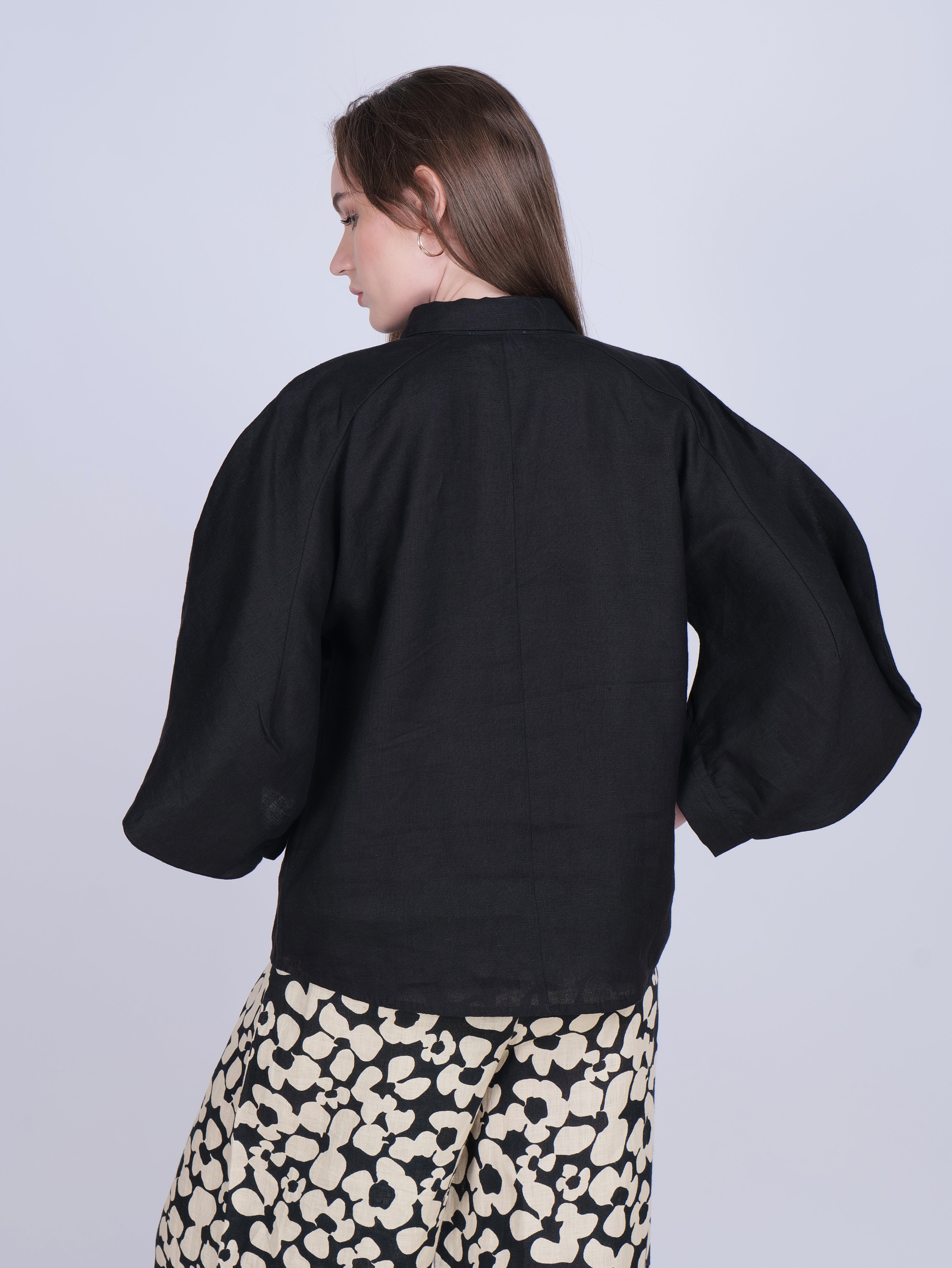 Black Balloon Sleeve Linen Shirt