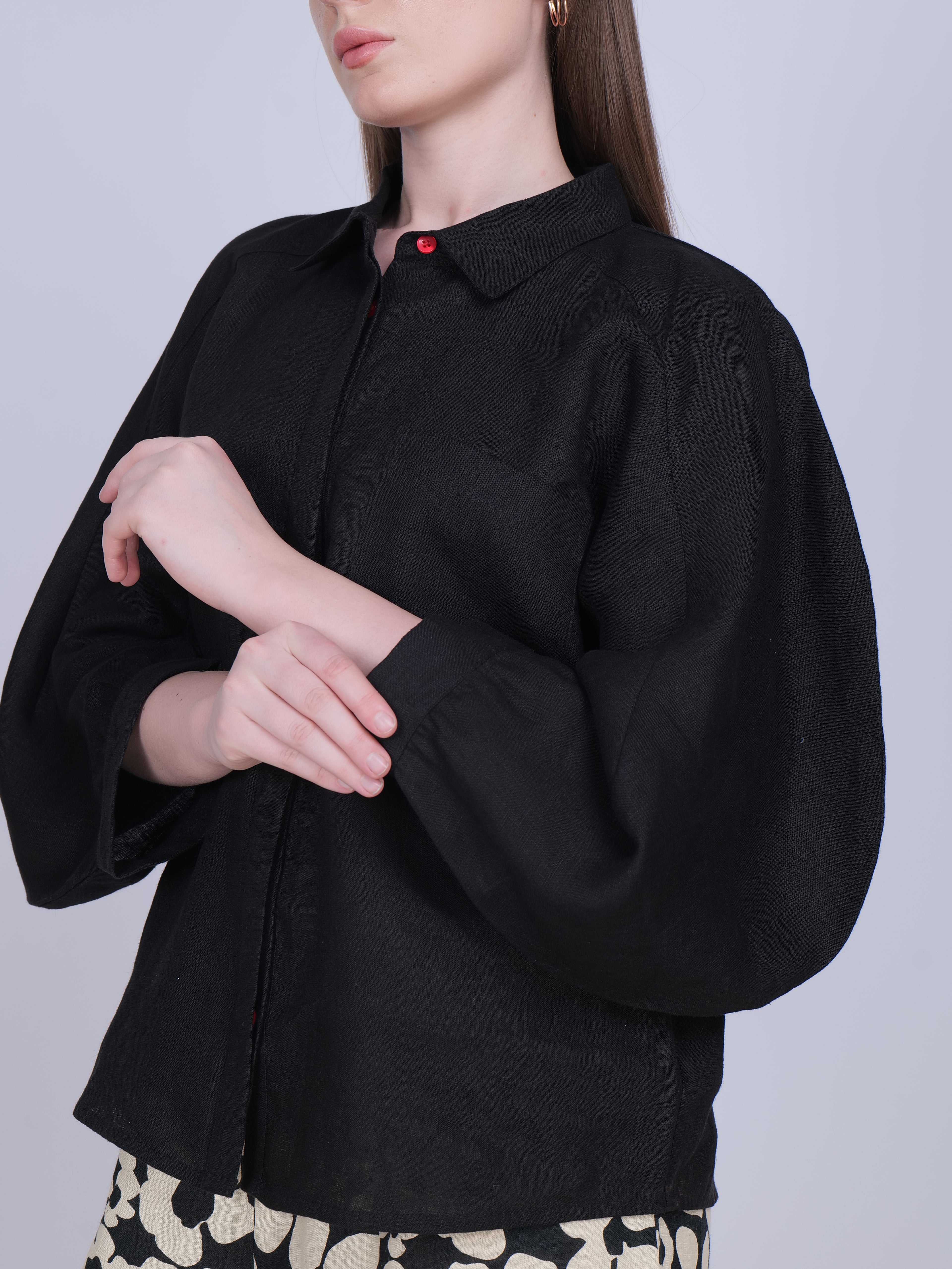 Black Balloon Sleeve Linen Shirt