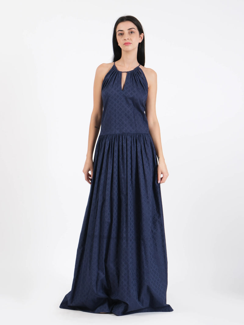 Alia Navy Blue Dobby Dress
