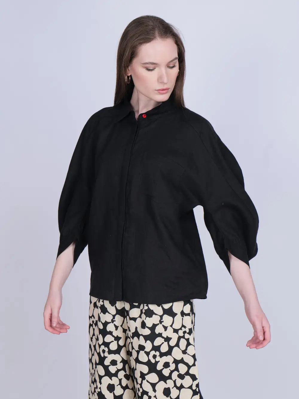 Black Balloon Sleeve Linen Shirt