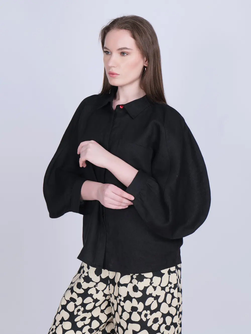 Black Balloon Sleeve Linen Shirt