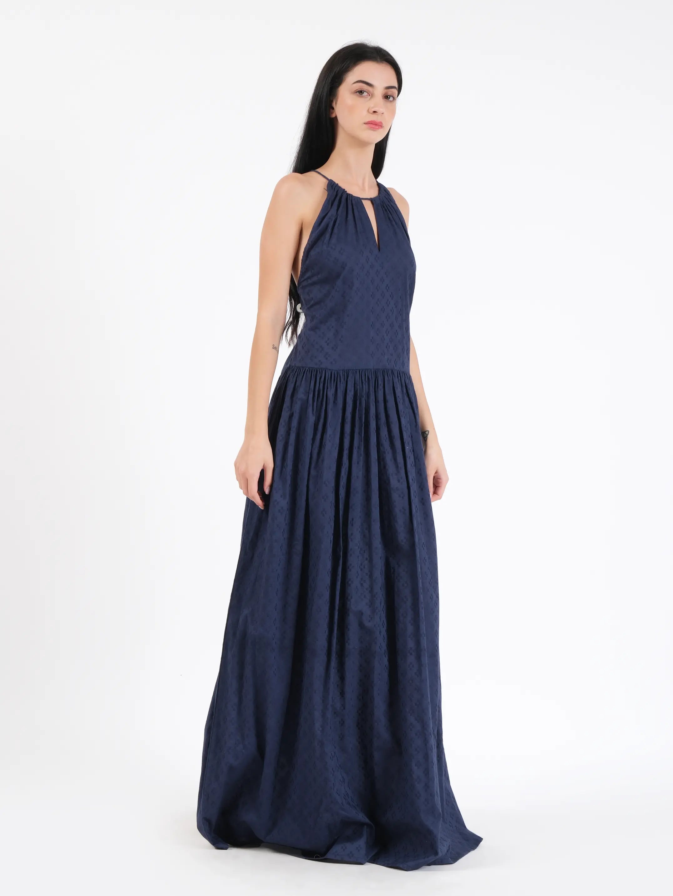 Alia Navy Blue Dobby Dress