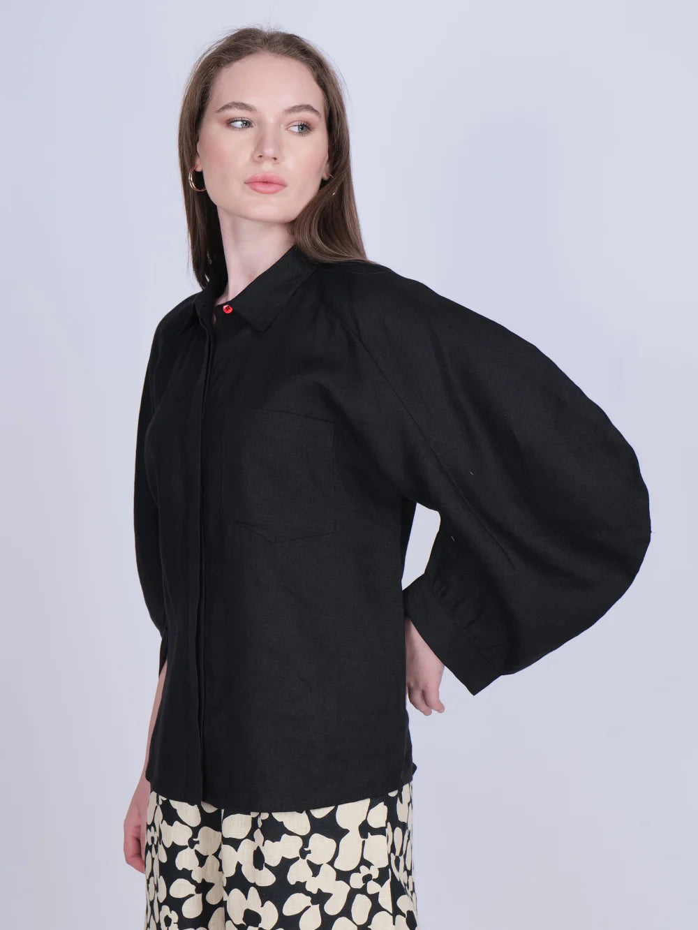 Black Balloon Sleeve Linen Shirt