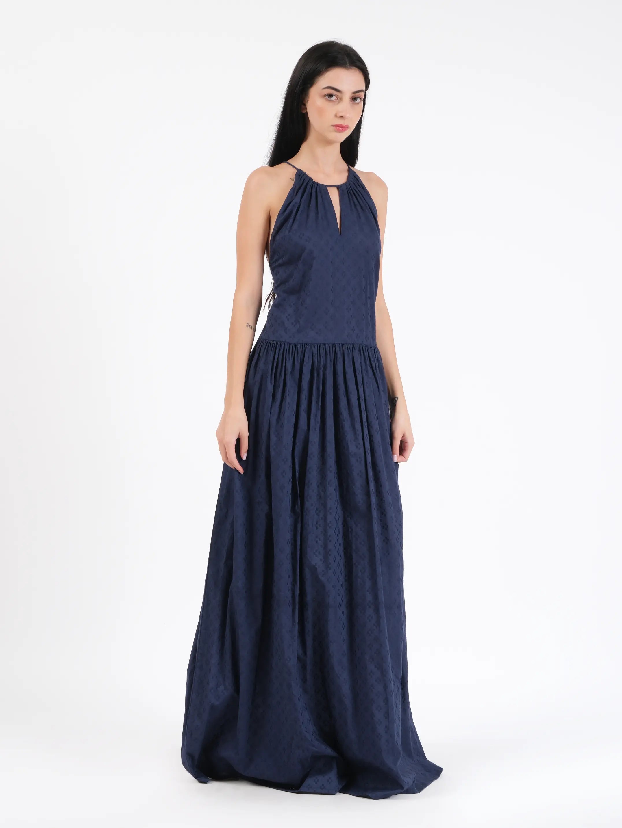 Alia Navy Blue Dobby Dress