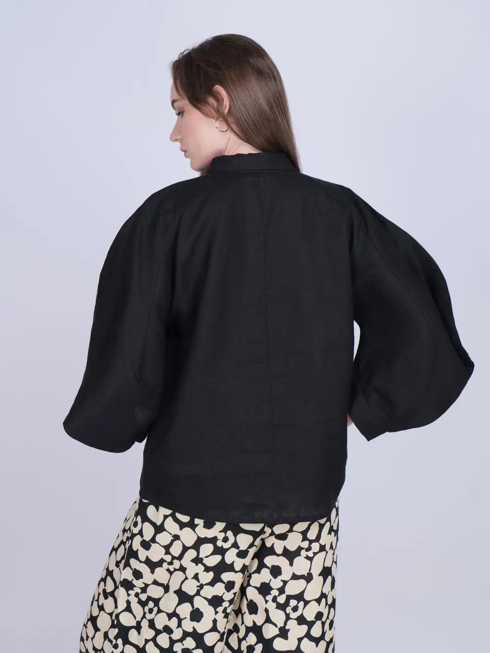 Black Balloon Sleeve Linen Shirt