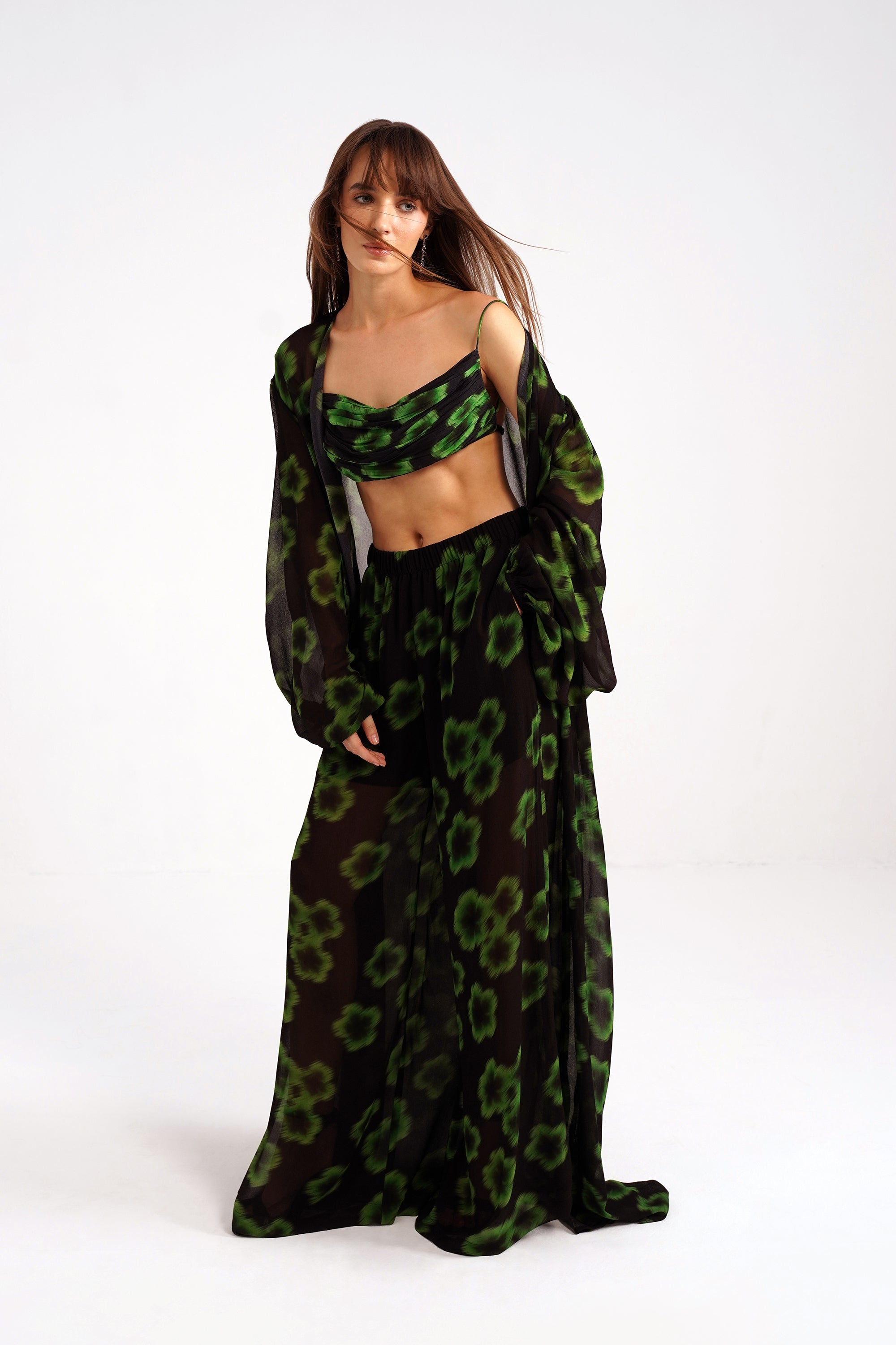 Ninon Greeen Haze Printed Flared Georgette Pants