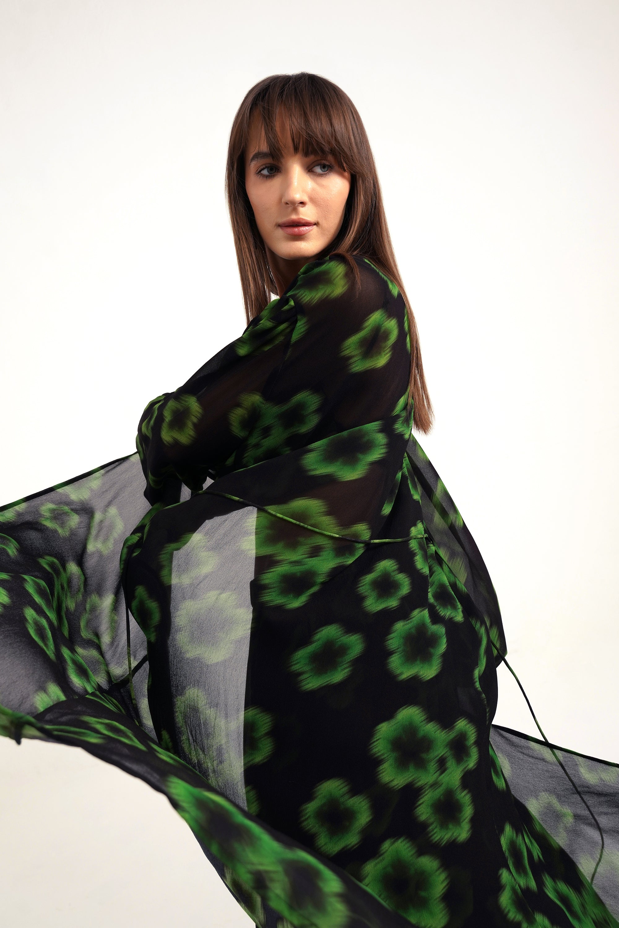 Neo Green Haze Printed Georgette Cape