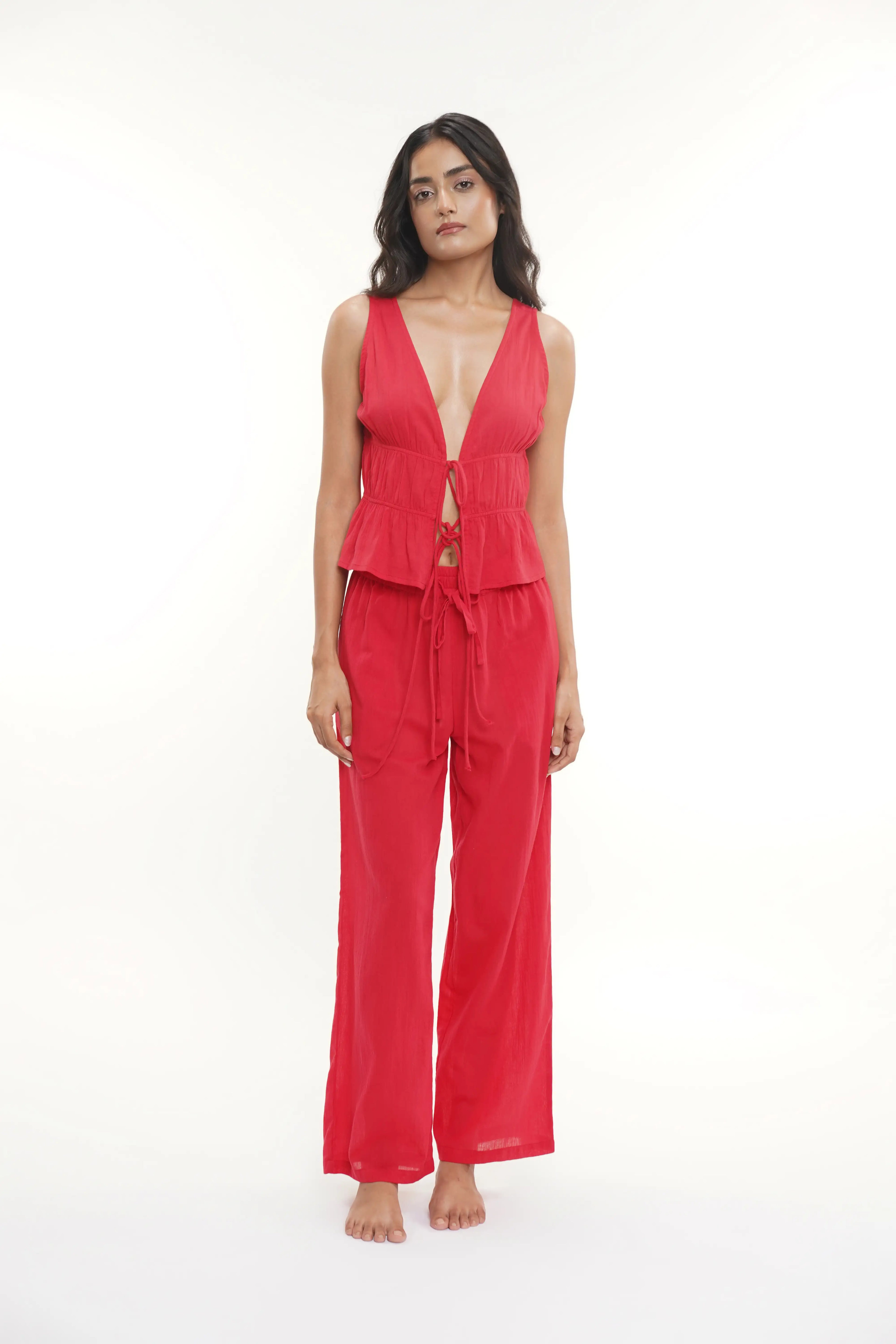 Crinkle Red Cotton Crepe Nightsuit