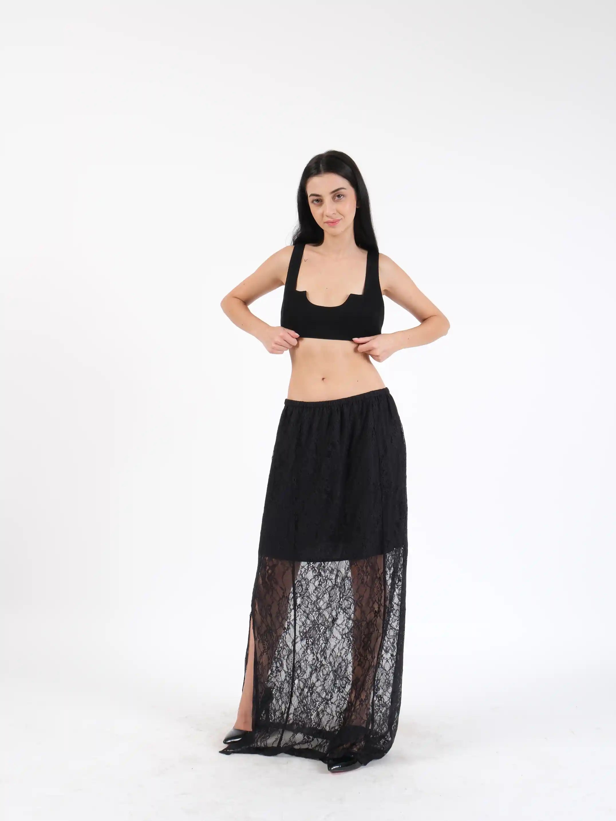 Jupe en dentelle de polyester noire Lacie