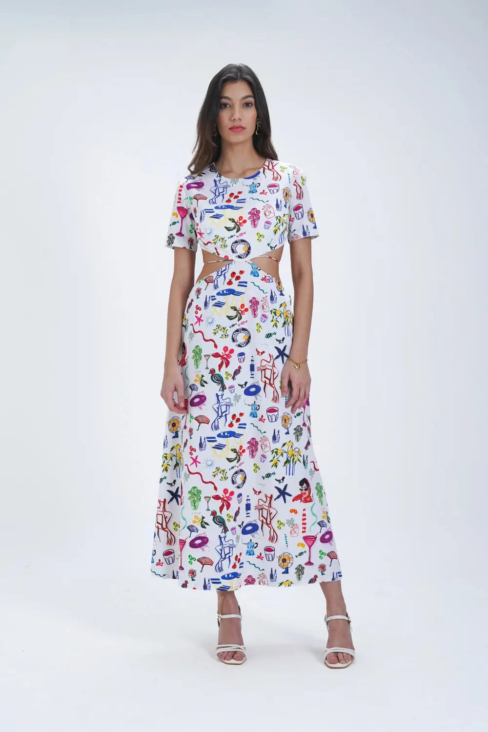 Robe mi-longue en coton à découpes