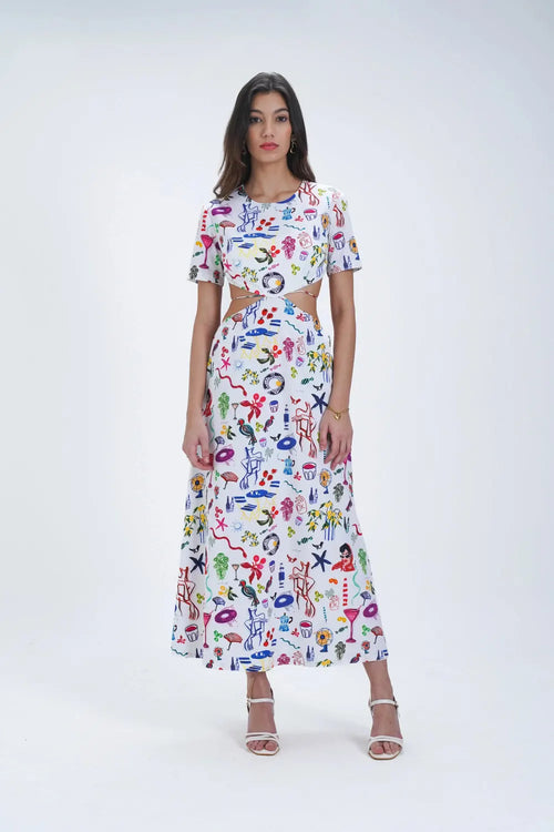 Robe mi-longue en coton à découpes