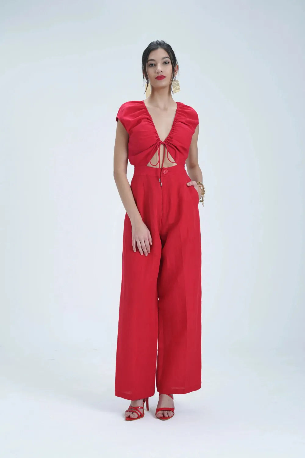 Red Open Neck Linen Jumpsuit