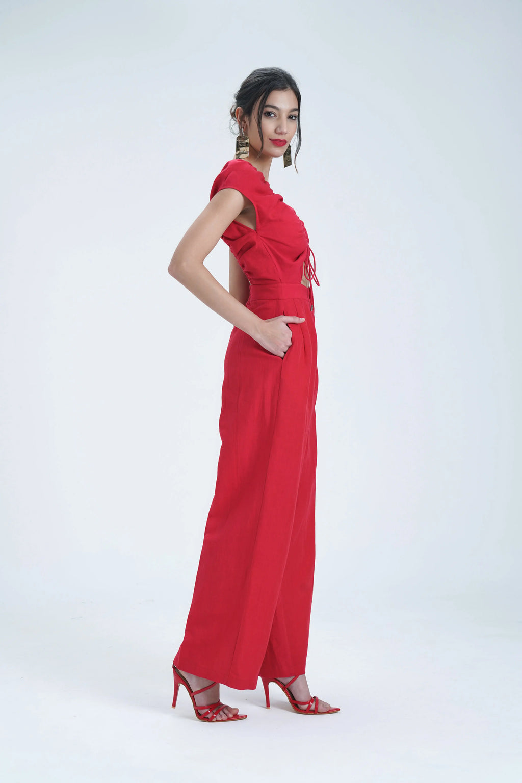 Red Open Neck Linen Jumpsuit Le Concept