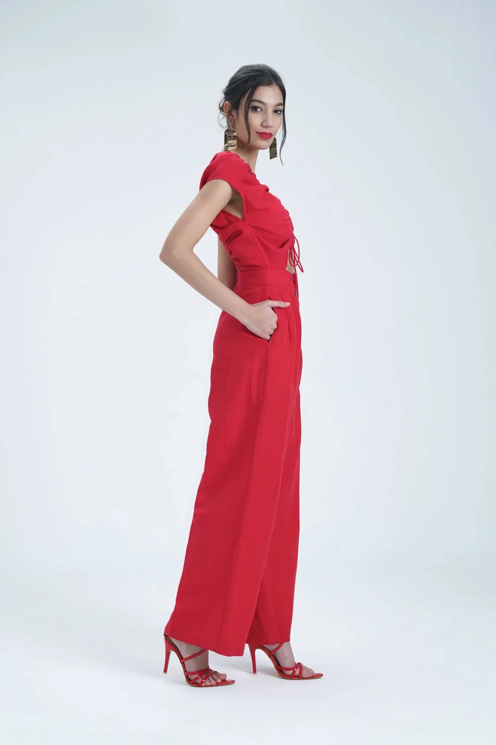 Red Open Neck Linen Jumpsuit