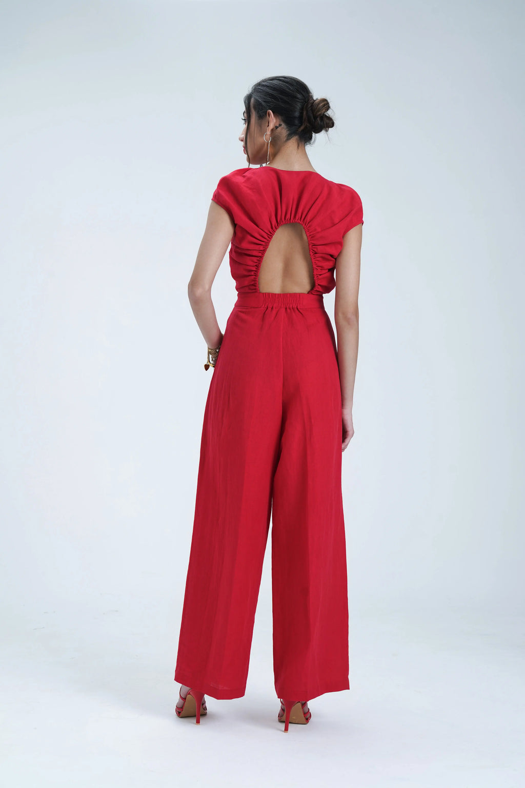Red Open Neck Linen Jumpsuit Le Concept