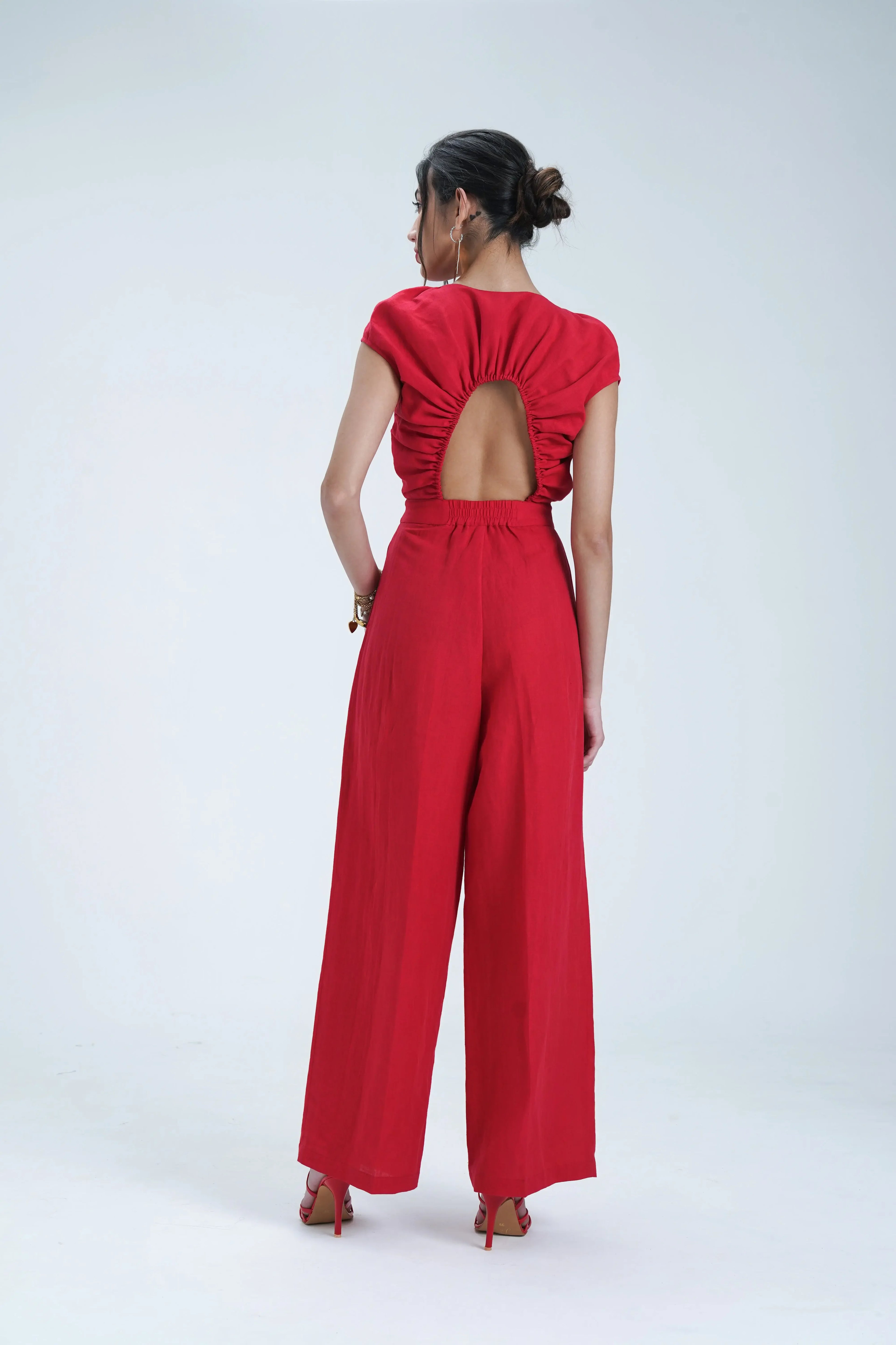Red Open Neck Linen Jumpsuit Le Concept