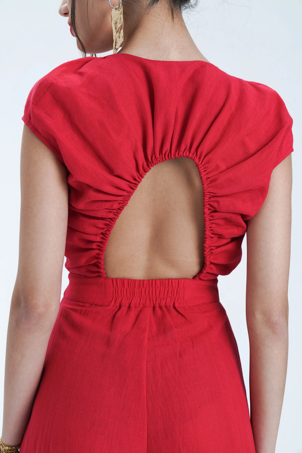 Red Open Neck Linen Jumpsuit Le Concept