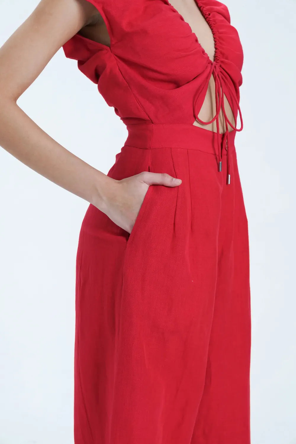 Red Open Neck Linen Jumpsuit
