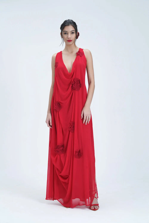 Robe longue transparente fleurie rouge Saint Tropez